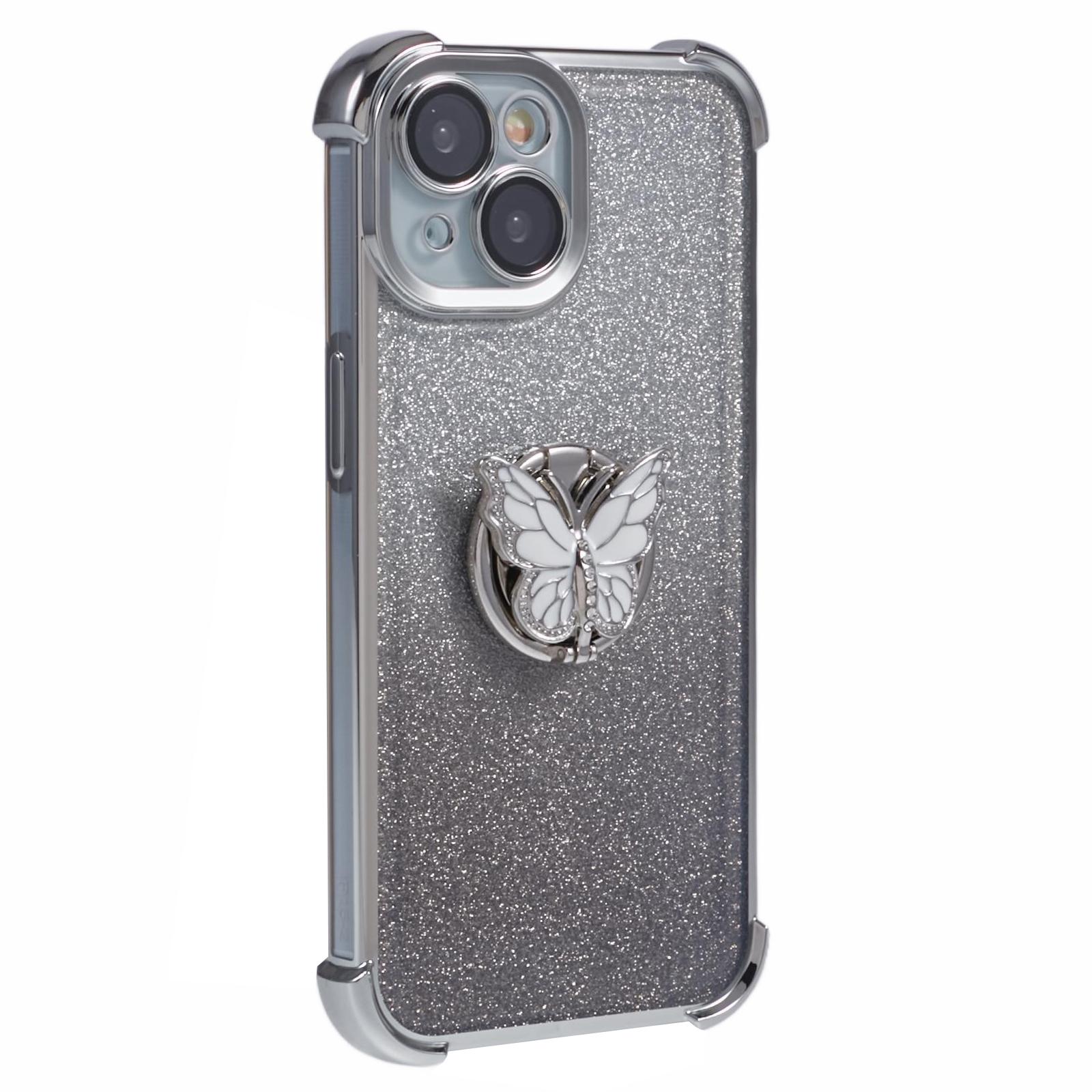 

For iPhone 14 Case Butterfly Kickstand Glitter TPU Shockproof Phone Cover Silver