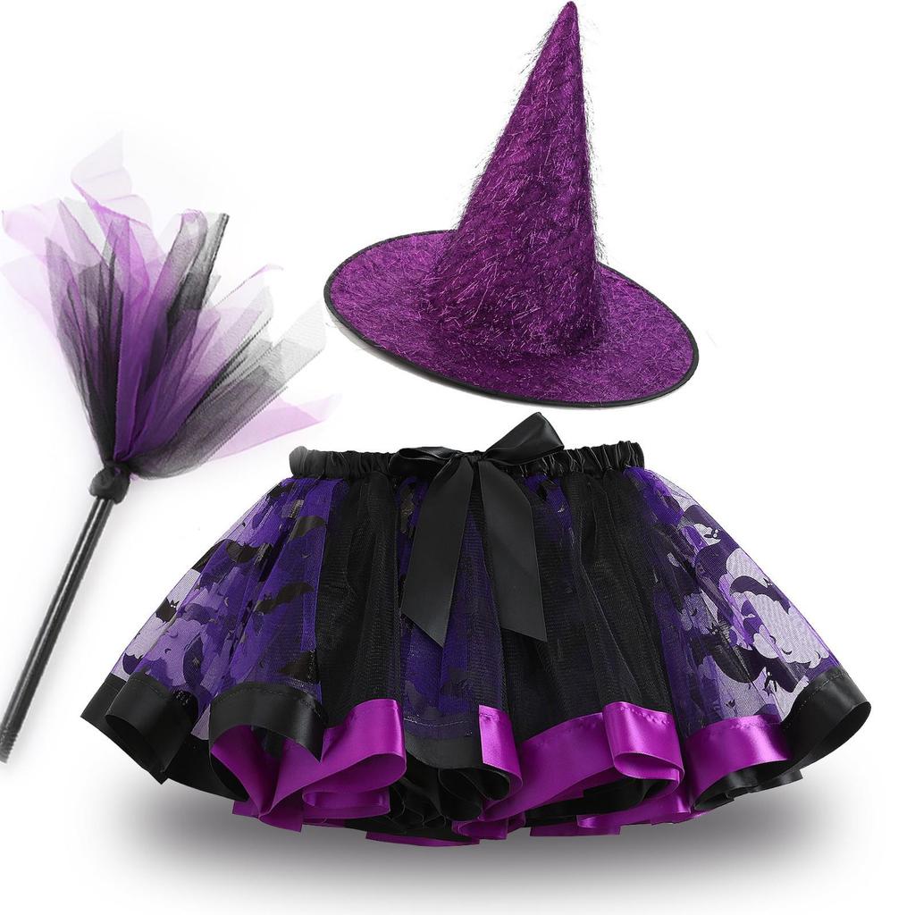 Girls' Halloween Tutu, Witch Hat & Broomstick Fluffy Skirt Set