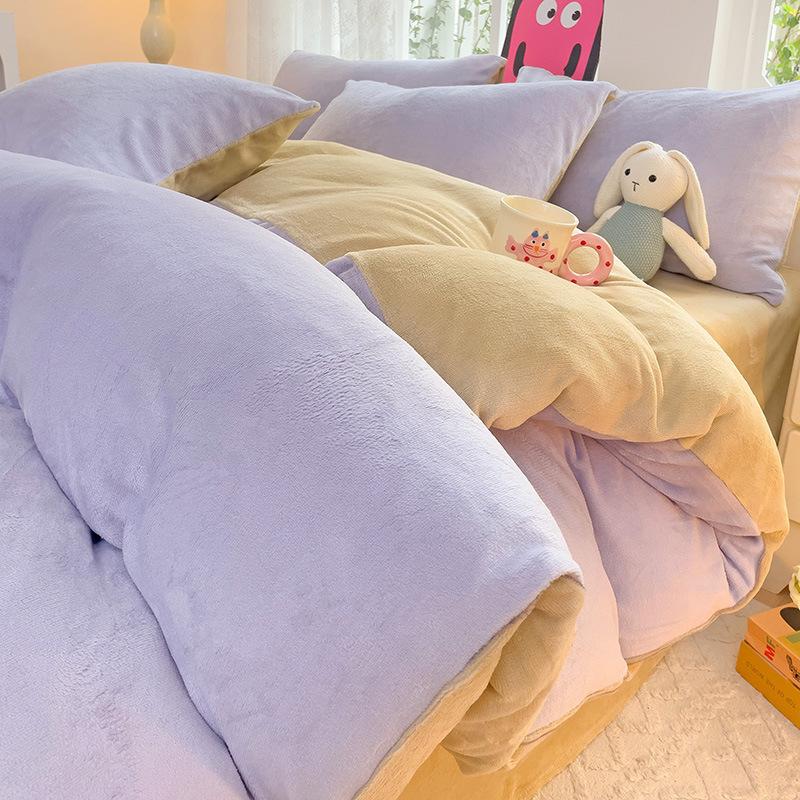 Thickened Milk Fleece Four-Piece Set, Milk Fleece Coral Fleece Bed Sheet Quilt Cover Double-Sided Flannel Bed Three-Piece Set