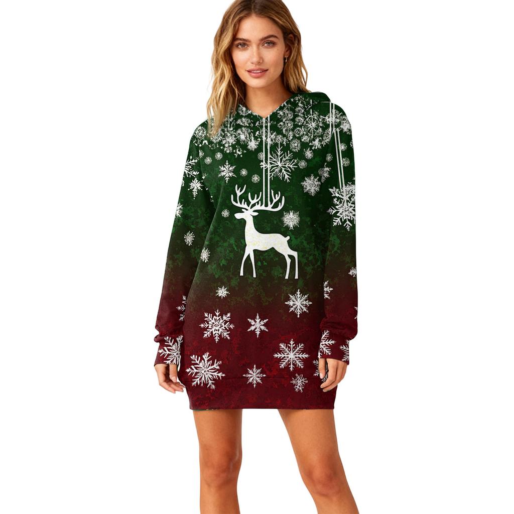 Women's Christmas Print Long-Sleeved Hooded Pocket Pullover Dress