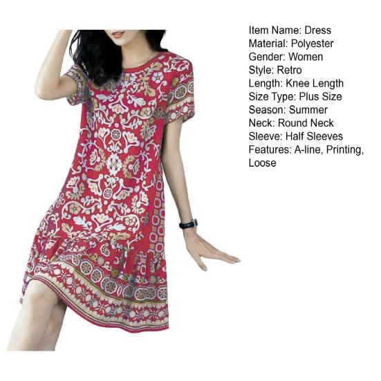 Sommerkleid für Damen, Rundhalsausschnitt, halbe Ärmel, Retro-Druck, A-Linie, großer Saum, knielang, locker, lässig, für den Alltag, Urlaub, Midikleid