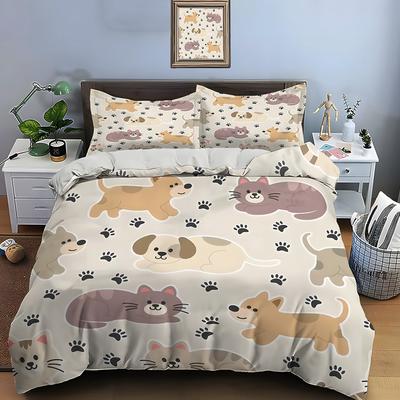Cartoon Cat And Dog Themed Paw Prints Bedding Set 1 Duvet Cover 2 Pillowcases For Adult And Children Luxury Gift Full Size