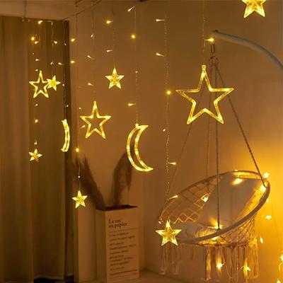 Guirlande Lumineuse Étoile Lune Alimentée par Solaire/Batterie Lampe Rideau Lumineuse LED 8 Modes Étanche Pour Maison Chambre Fête de Noël Décor Lumineux