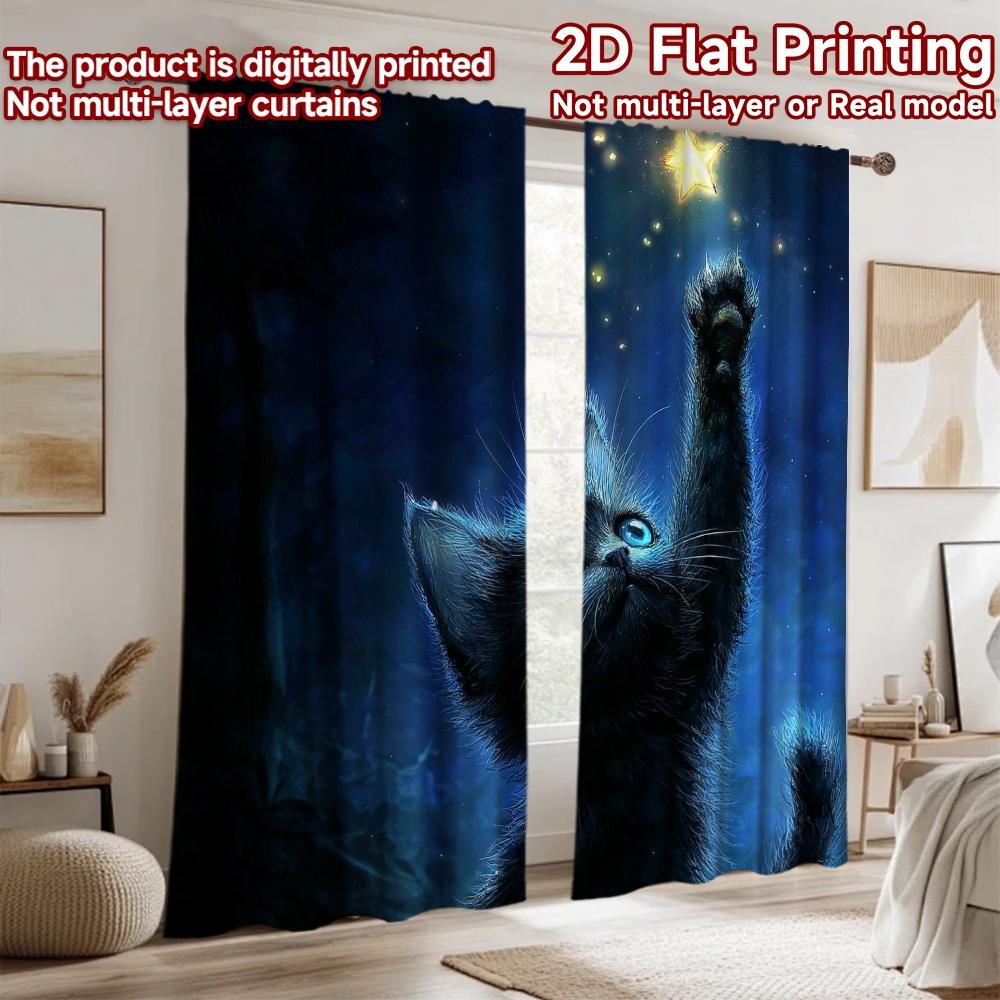 2D Flat Printing 2pcs Party Curtains Black Cat Reaching for Star Digital Printed Polyester Drapes Festive Curtains Use for