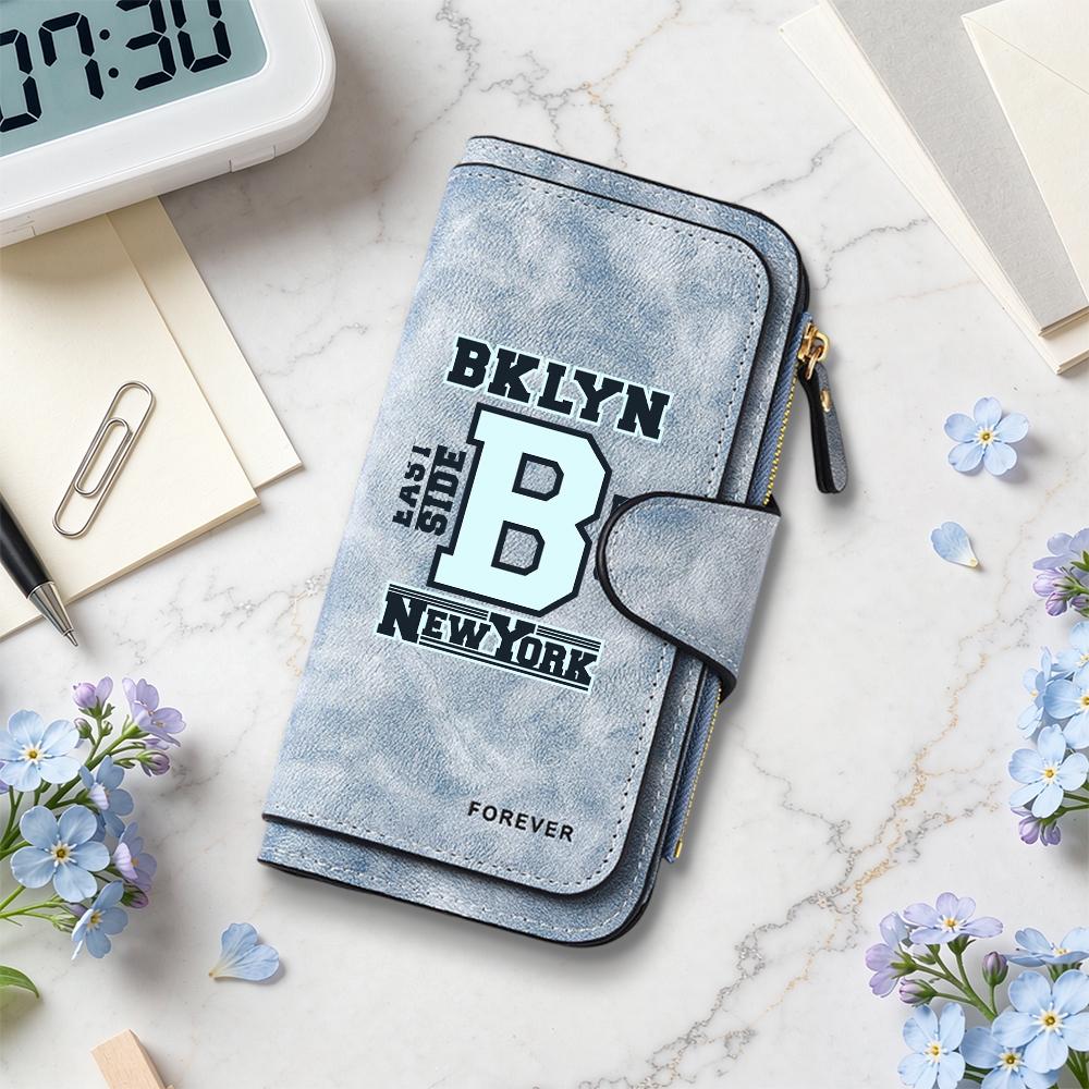 BKLYN New York Print Long Wallet Casual Portable Multi Slot Card Holder Fashion PU Leather Wallet for Daily Use 
