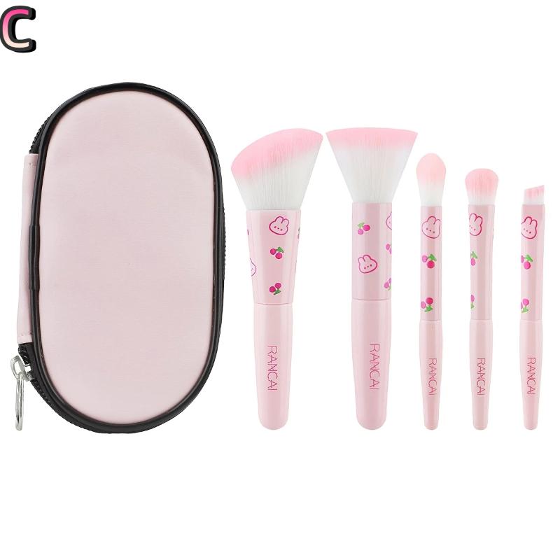 5Pcs Cute Compact Makeup Brush Set With Case Premium Brush For Flawless Foundation, Blush, Eyeshadow Application Beauty Tools