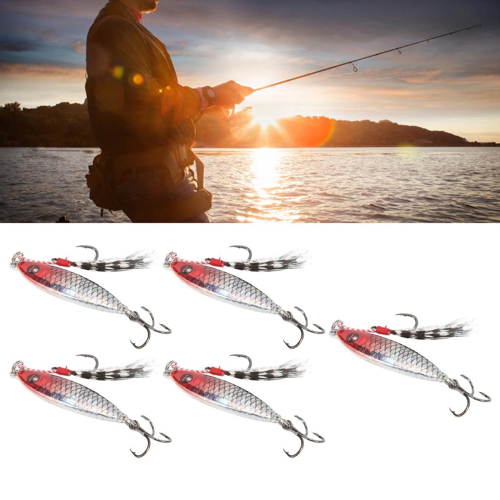 5Pcs Artificial Fishing Lure Lifelike Fishing Bait with Treble Hook for Saltwater Freshwater Red Head Silver Body
