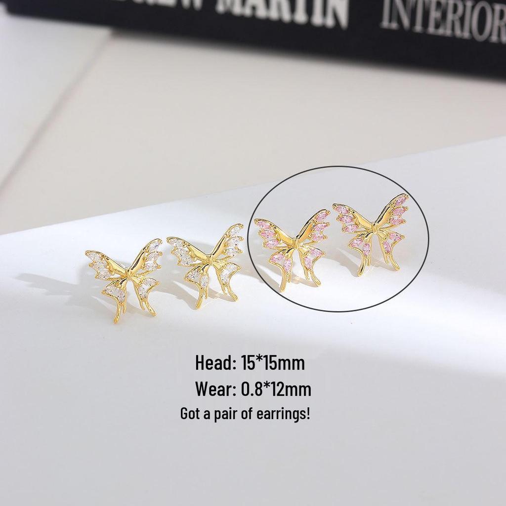 Gold-Plated Butterfly Ear Studs with Colored Zirconia - Luxury Fashion Earring