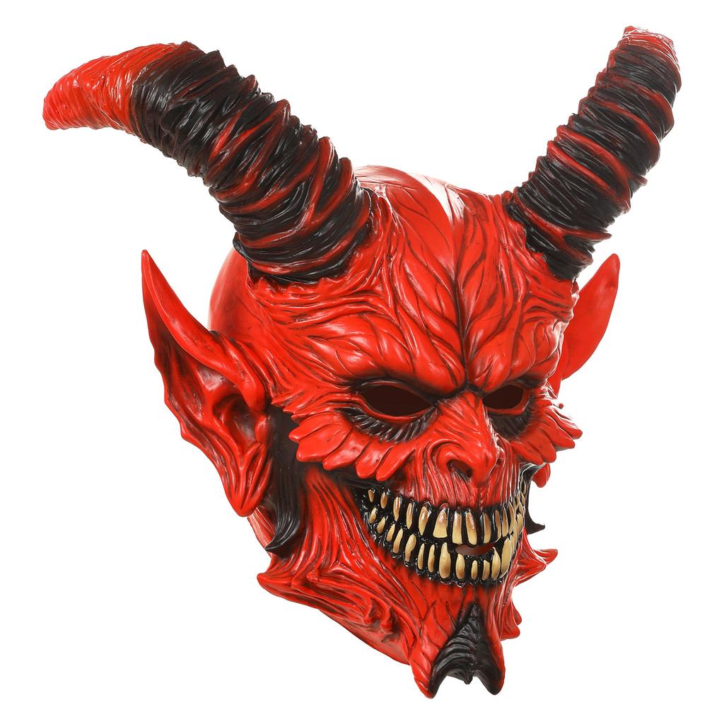 Halloween Red Demon Mask Full Head Cover Latex Devil Costume Horns Cosplay Horror Party Fancy Dress Prop
