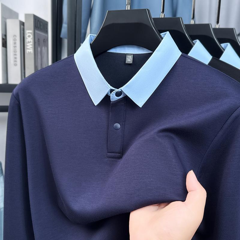 

Оригинальное качество бренда Мужская рубашка поло Изысканный осенний пэчворк воротник Длинный рукав Модная футболка с лацканами Деловой мужской 4XL темно-синий