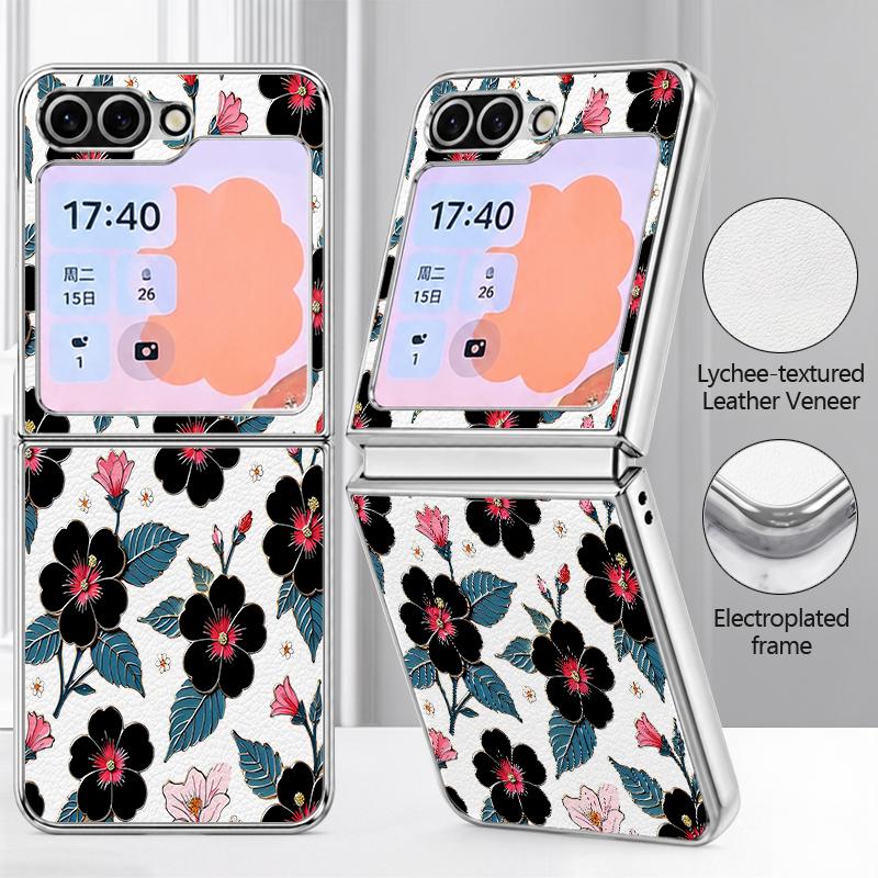 Floral Pattern Case For Samsung Galaxy Z FlIP 7 FE 6 5 Plating PC+PU Leather Hybrid Folding Cover For Samsung Z Flip7 Flip6 Flip5