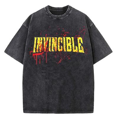 Retro Invincible Comic Logo Cartoon Washed T-shirt Men and Women Summer Fashion Round Neck Short-sleeved Tee