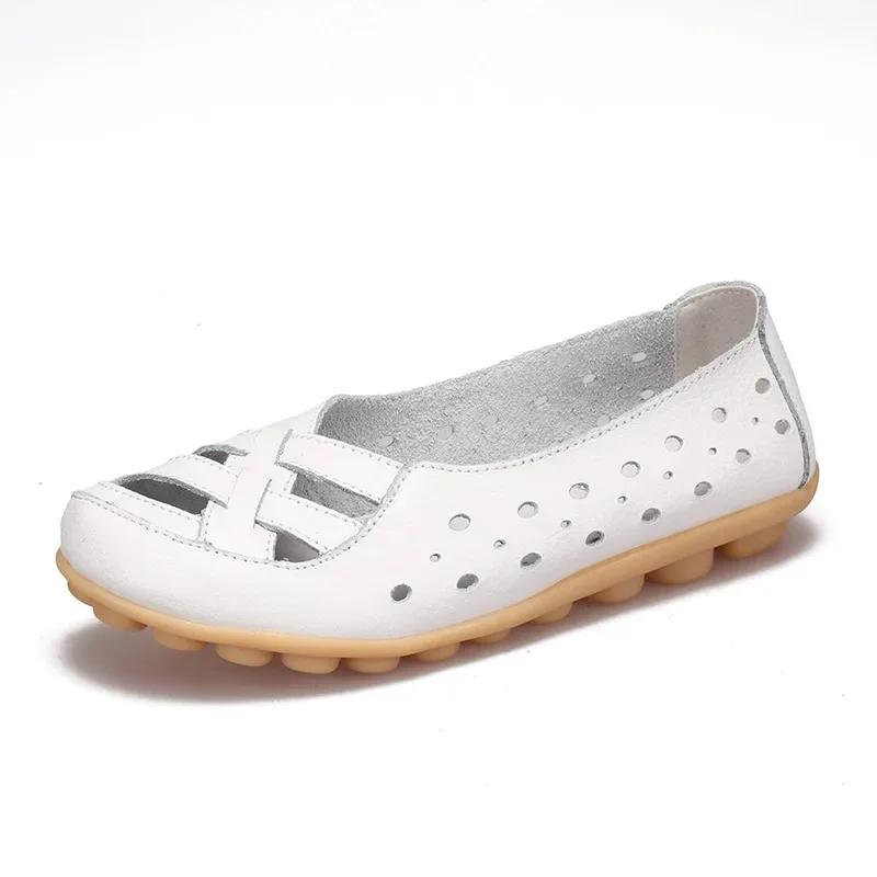 New Women Fashion Hollow Soft Sole Flat Heel Sandals Genuine Leather Casual Flat Daily Shoes Comfortable Footwear for Female