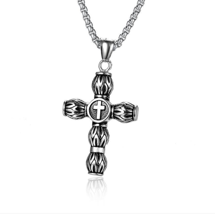 Retro Double Dragon War God Cross Pendant Necklace with Inlaid Diamond - Titanium Steel Jewelry
