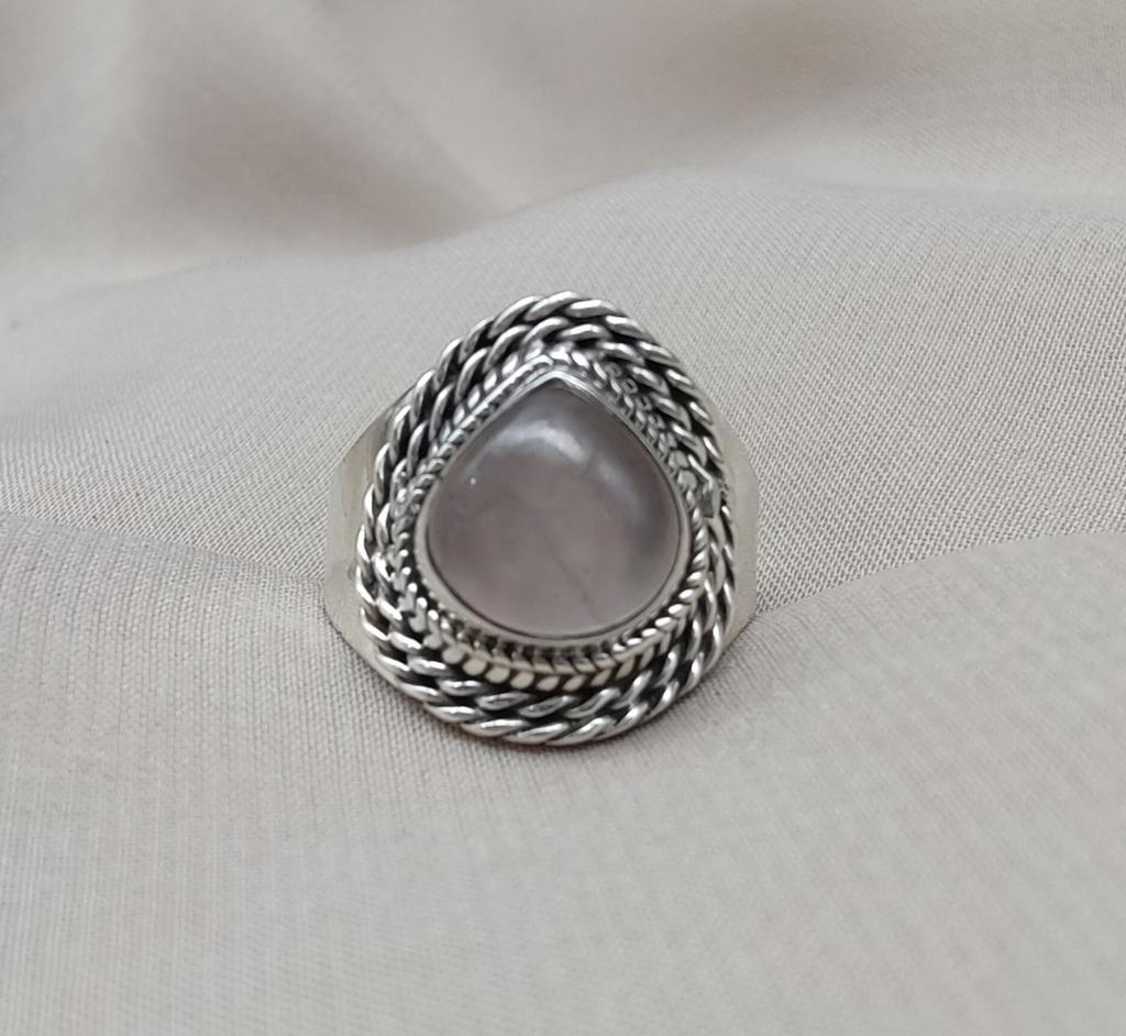 Rose Quartz 925 Sterling Silver Ring: Handmade Boho Cabochon Jewelry
