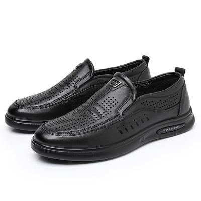Summer First Layer Cowhide Hollow Breathable Dad Shoes Daily Casual Flat Men'S Single Shoes Overalls Sandals