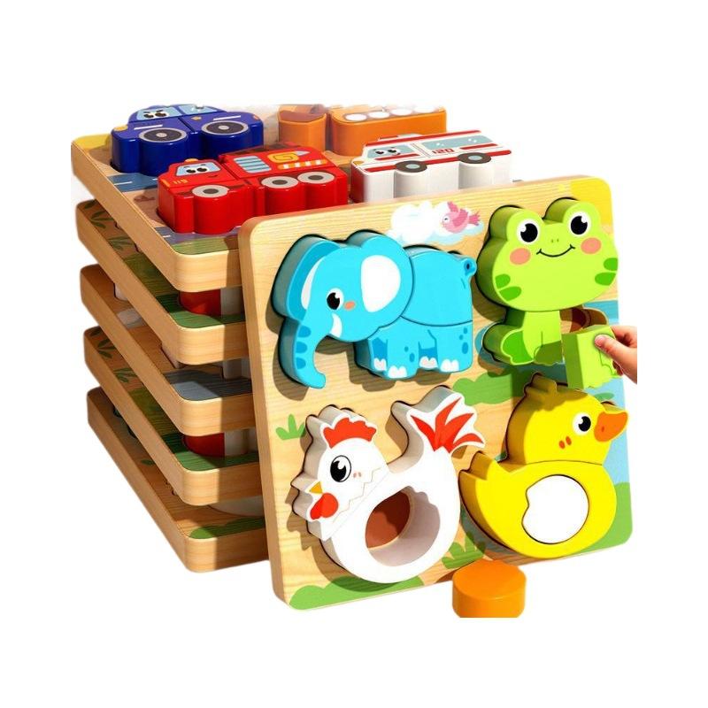 Montessori Kreskówka Drewniana Puzzle 3D Zwierzę Ruch Drogowy Układanka Zabawki Dla Dzieci Wczesna Nauka Edukacyjna Poznawcza Gra Prezenty Dla Dzieci
