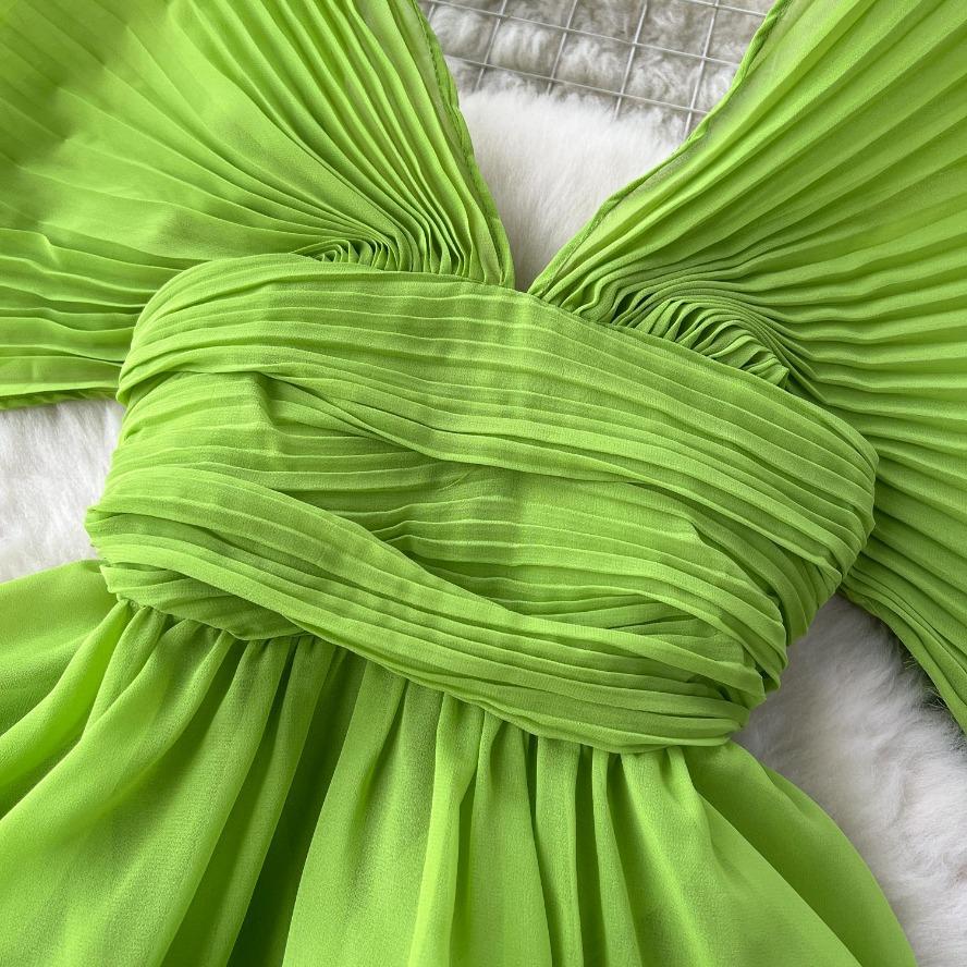 High End Elegant motesett for kvinner Sommerplisserte ermeløs chiffongopp+høy midje bukser med brede ben 2 todelt sett motedrakter