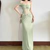 Holiday Wind Green Design Slanted Shoulder Kinked Dress Women's Summer New Lace Splicing Travel Temperament Long Dress