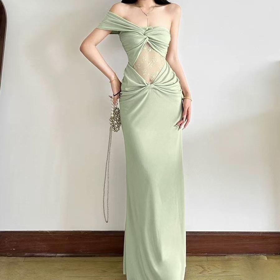 Holiday Wind Green Design Slanted Shoulder Kinked Dress Women's Summer New Lace Splicing Travel Temperament Long Dress