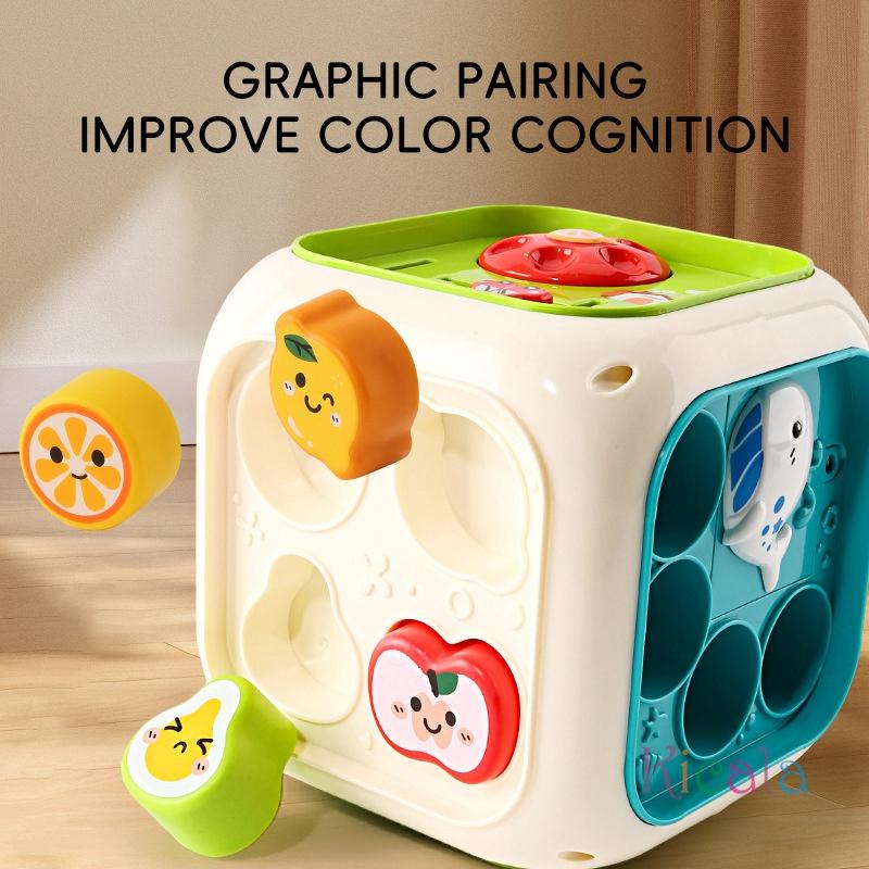 Baby Montessori Toys 6-in-1 Activity Cube Fishing Games Educational Toys Shape Sorter Music Learning Toys for Infants Toddlers