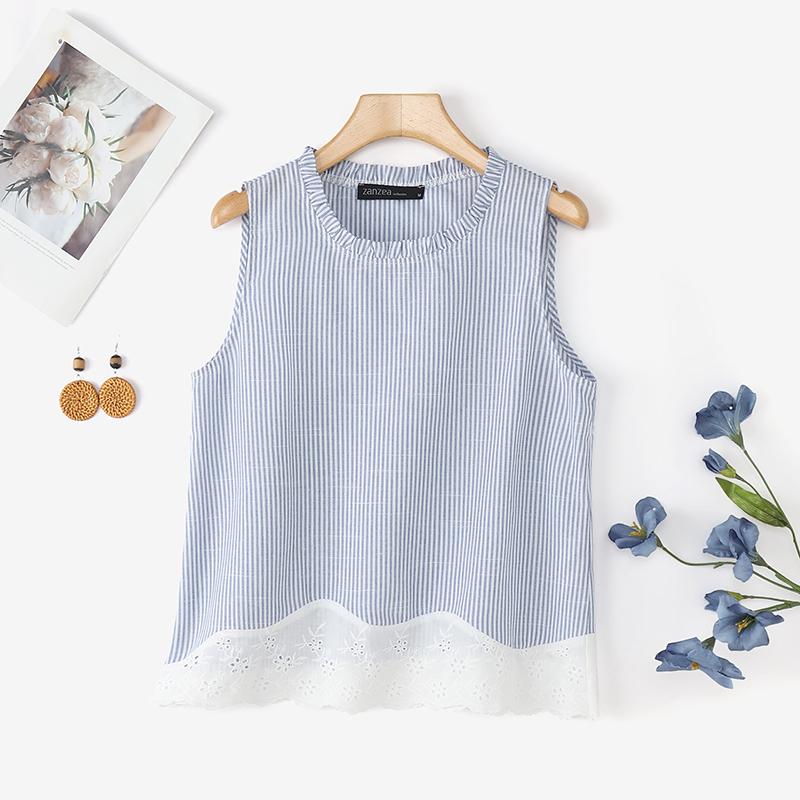 

ZANZEA Women Lace Splice Summer Round Neck Sleeveless Stripe Tank Tops S синій