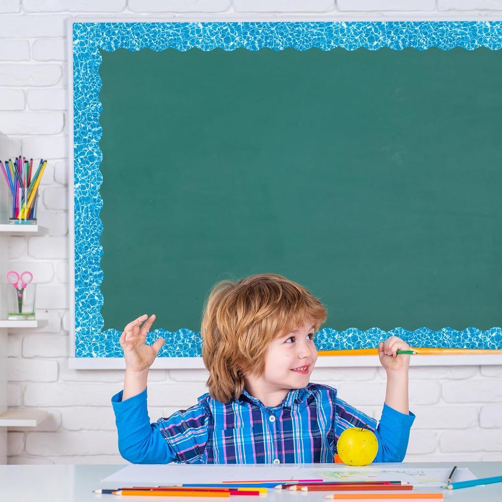 69Ft Ocean Wave Bulletin Board Border Water Ripples Coastal 60Pcs Blue Under The Sea Scalloped Trim Border Stickers Decal for Summer Back to School