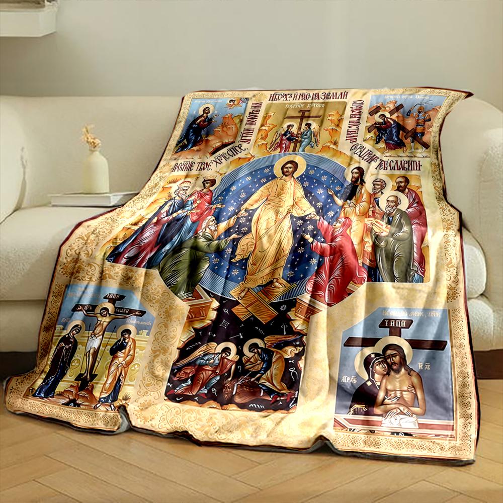 Icon of Jesus with Religious ScenesFlannel blanket for bedroom, living room, sofa, and nap