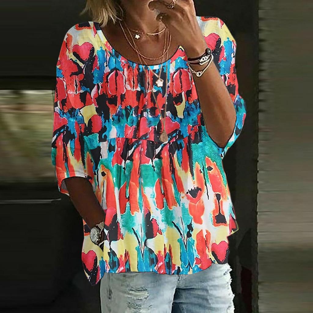 Dame Casual Mote Trekvartsermet Løs Rund Hals Blomsterprint Topp