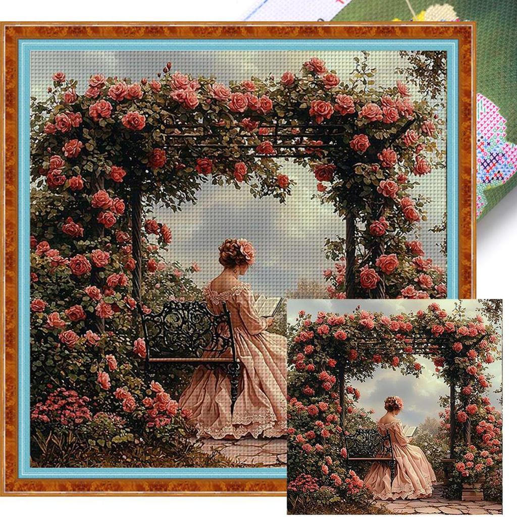 Kit Punto Croce Ricamo Completo Filo di Cotone 11CT Stampato Ragazza Arte 50x50cm