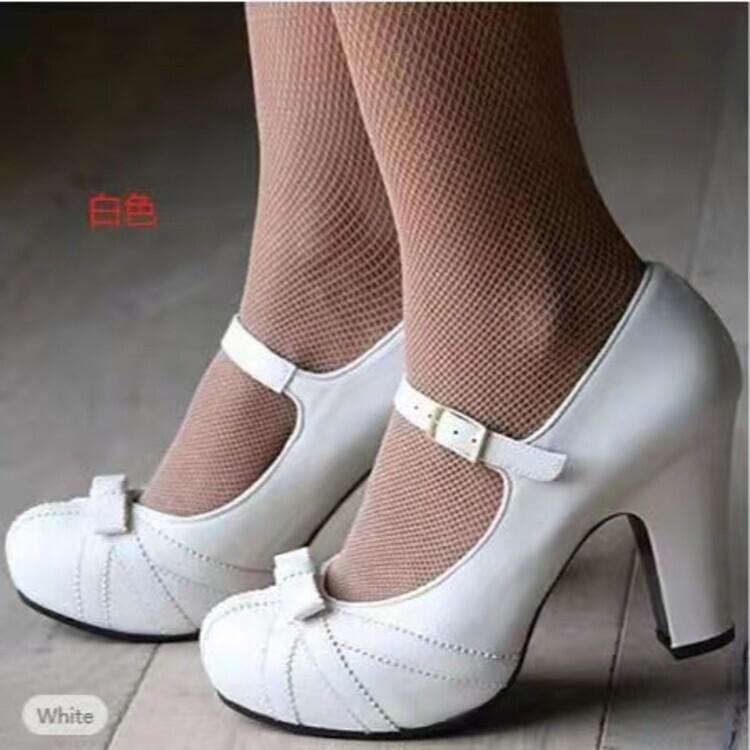 

New single shoes women s word with bow high heels thick heel round head waterproof table large size women s shoes 39 белый