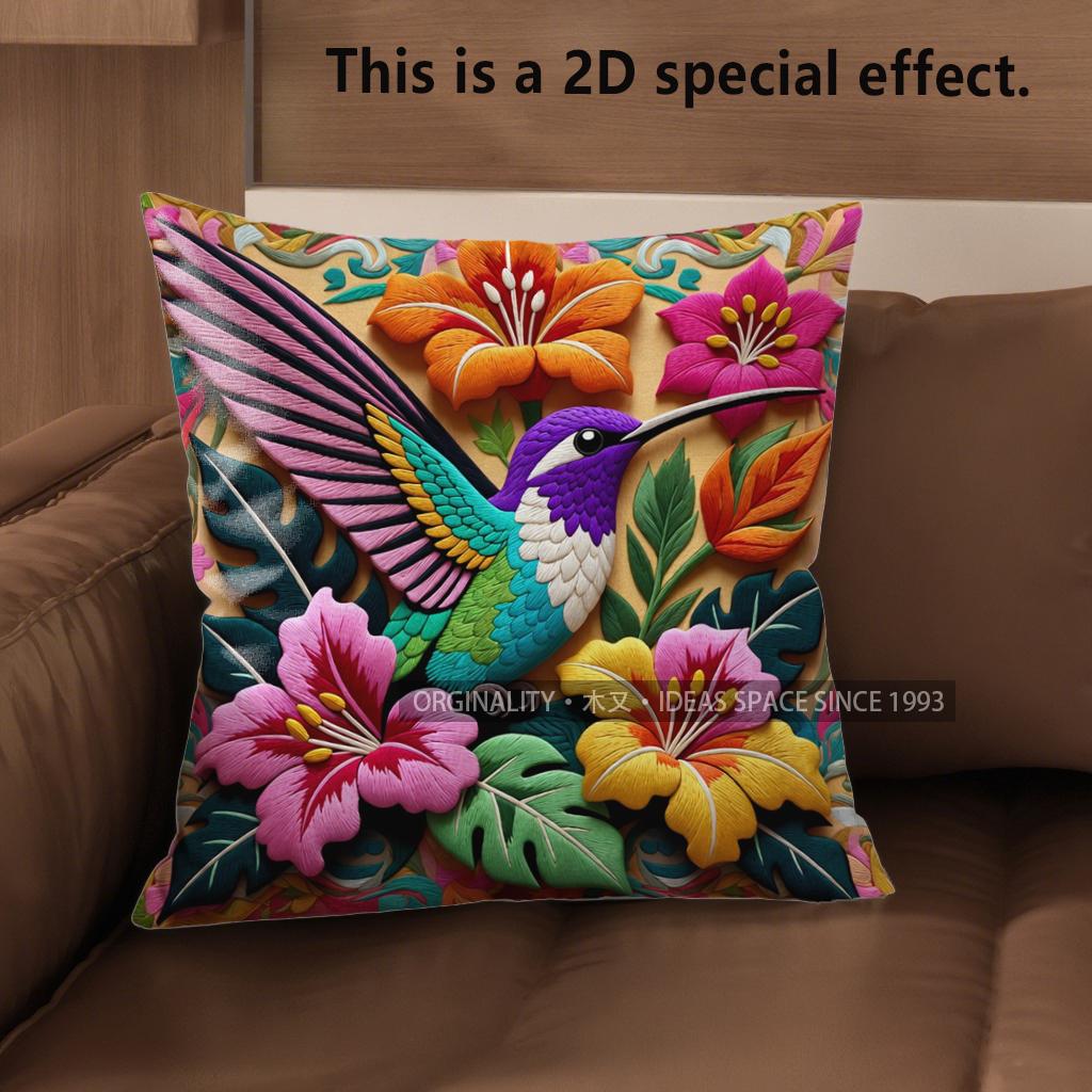2D Tropical Hummingbird Floral Throw Pillow Covers Pattern Cushion Cover Suitable For Sofa Bedroom Car Pillow Cover