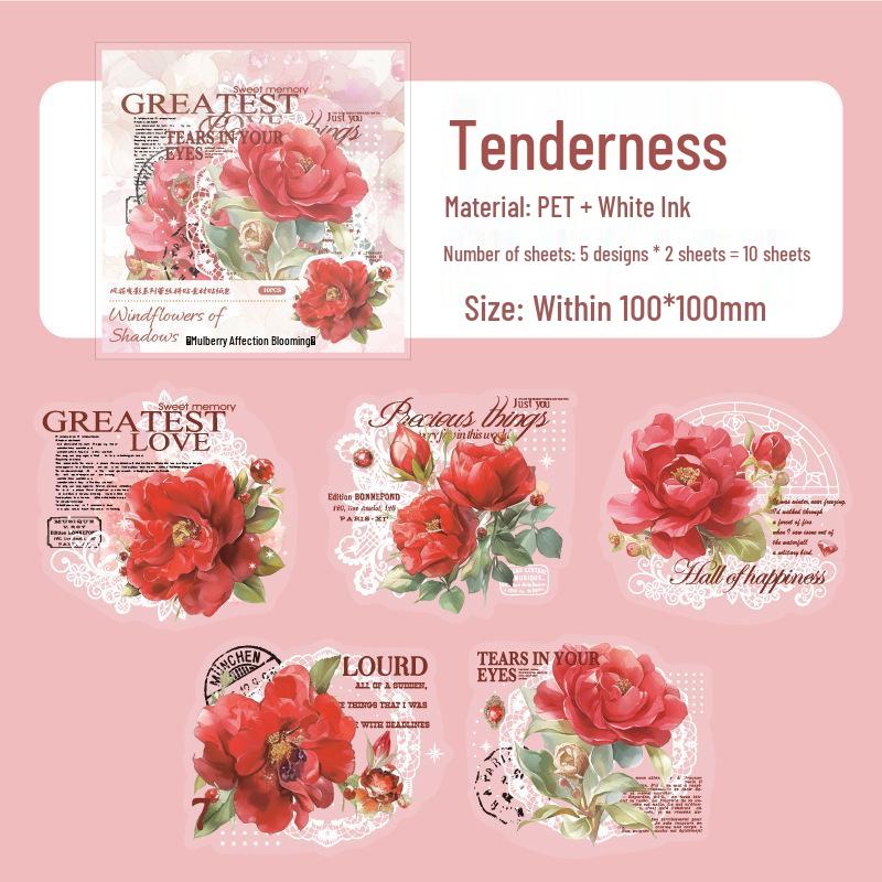 Wind Flower Swaying Shadow Series: PET Flower Collage Sticker Pack (10 Sheets, 6 Styles)