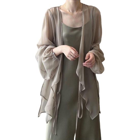 

Женский летний шифоновый солнцезащитный кардиган с v-образным вырезом и длинными рукавами, шифоновый топ, прозрачное пальто с шалью на шнуровке и нерегулярным подолом M хаки