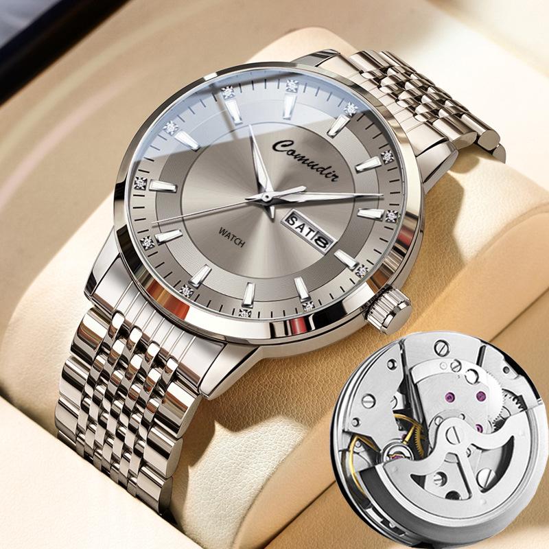 Men's Automatic Skeleton Watch with Steel Strap, Faux Mechanical Design, Calendar, Waterproof Features, Quartz Movement.