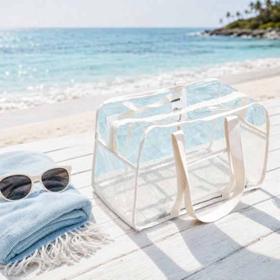 Swimming Bag, Waterproof PVC Large Capacity Beach Bag, Portable with Zipper/Button Closure Storage Bag, for Toiletry Cosmetics Organize