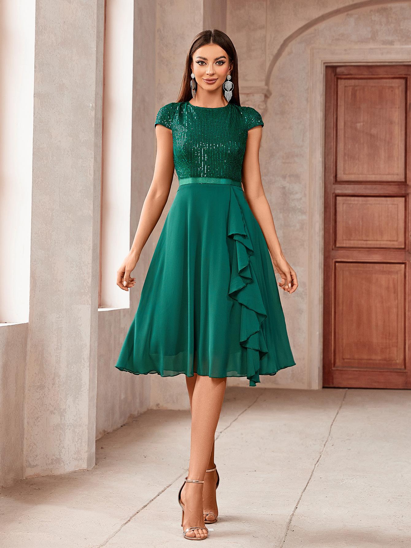 

Новая однотонная весенне-летняя новая женская одежда, женское платье с коротким рукавом приталенного силуэта 4XL зелёный