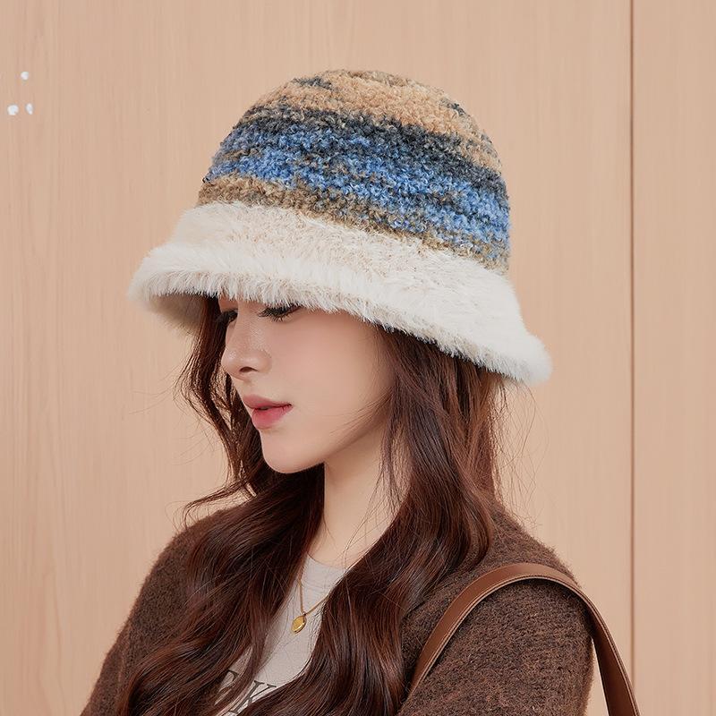 Rainbow Striped Bucket Hat Women's Fashion Thickened Plush Hat Autumn and Winter Outdoor Basin Hat
