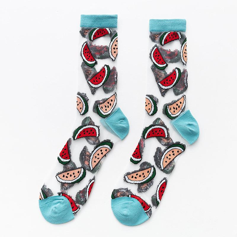 Women Thin Transparent Socks Crystal Glass Silk Socks Ladies Sweet Fruit Strawberry Avocado Peach Watermelon Summer Mesh Socks