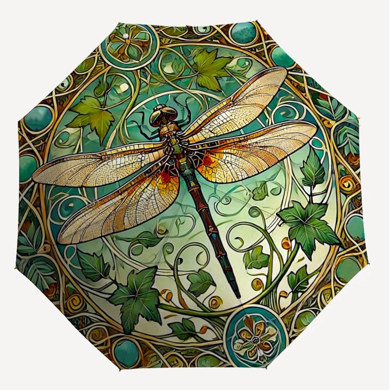 1PC Dragonfly pattern Automatic Open/Close Umbrella with Windproof, 8-Rib Sturdy Canopy, Durable Ribs, Fashionable Design, Outdoor Accessory, Fun Prin