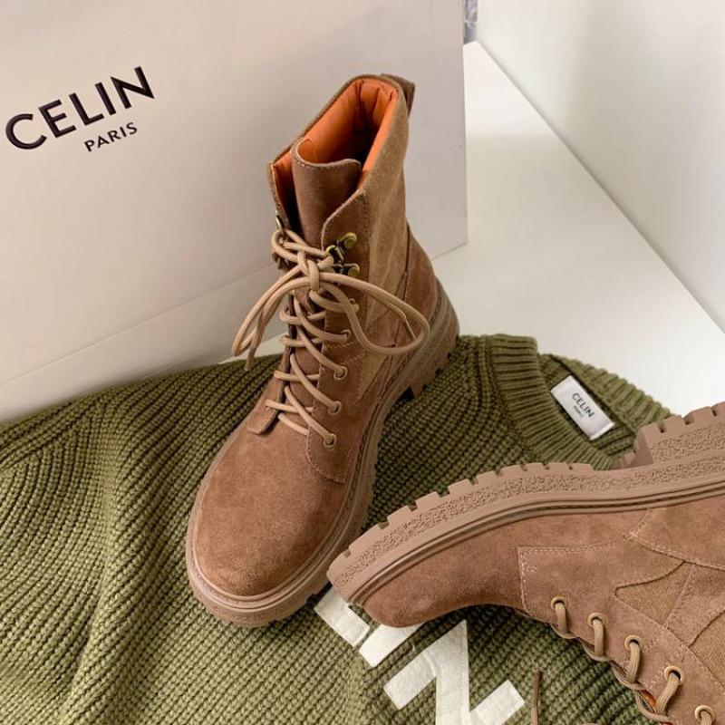 New women's leather boots leather lace-up thick-soled non-slip low boots autumn and winter mid-heel square heel cowhide Martin boots women