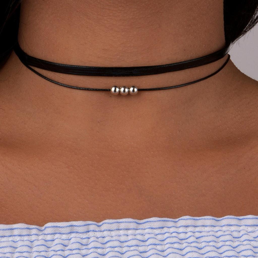 Personalized Minimalist Cortical Wax Rope Silver Beaded, Neck Chain, Double Necklace Collar