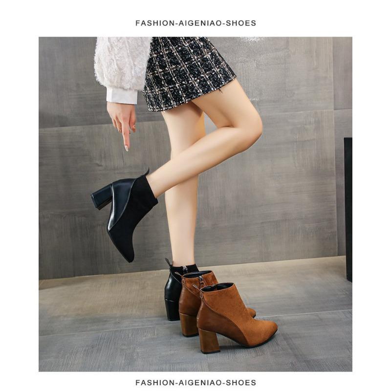 Women's Square Suede Short Boots New British Style Thick-heeled Boots Back Zipper Boots