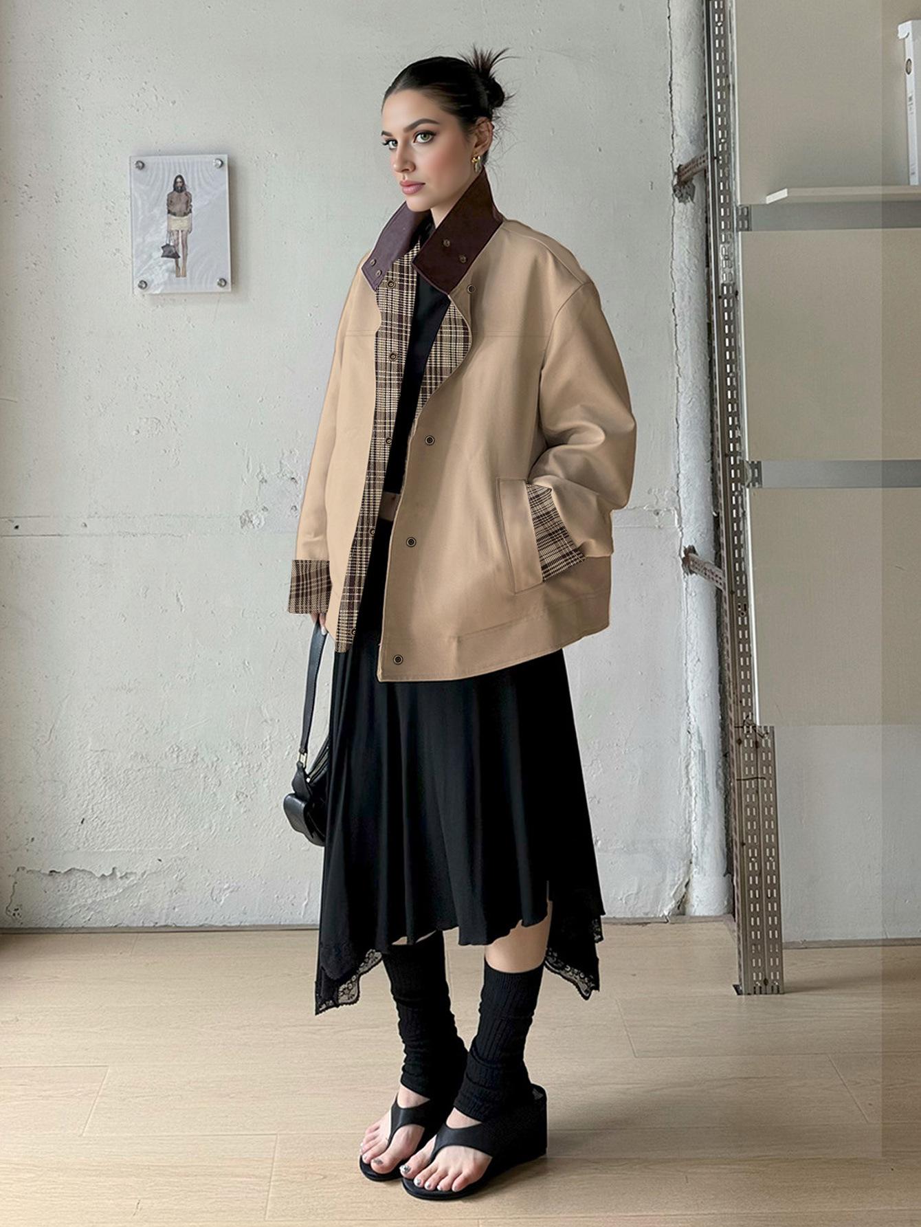 

Куртка женская в европейском и американском стиле, клетчатая, со стойкой Large хаки