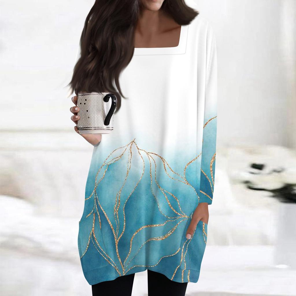Womens Tops Square Collar Long Sleeve Blouses Casual Mid-length Shirts Fashion Print Tunic Tops With Pockets