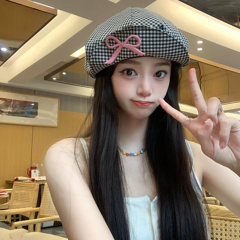 Women's Korean Plaid Bowknot Beret Hat