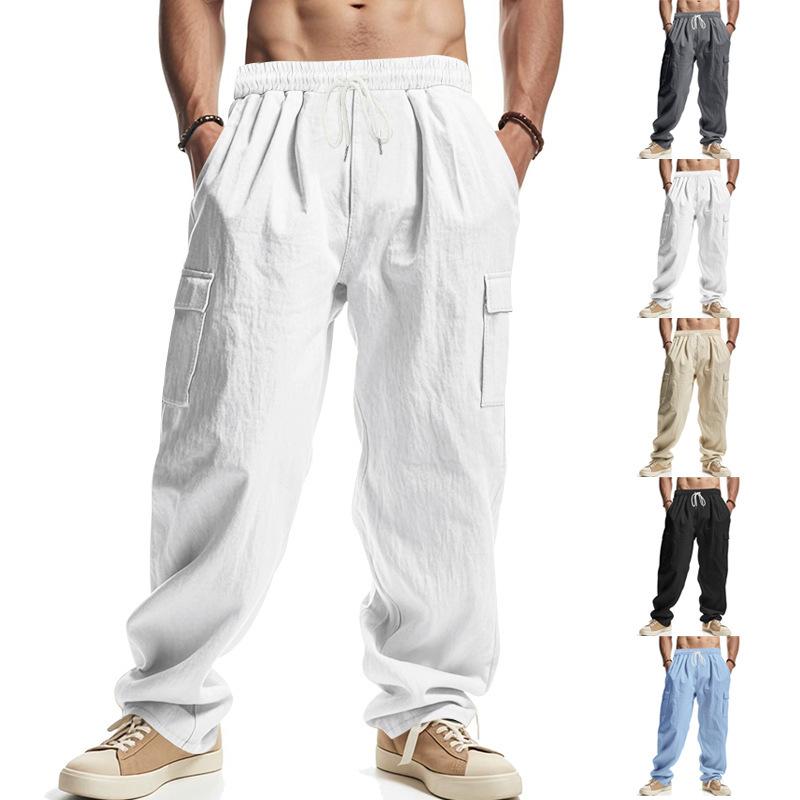 Men's new four seasons thin section breathable workwear multi-pocket loose casual trend wide-leg trousers