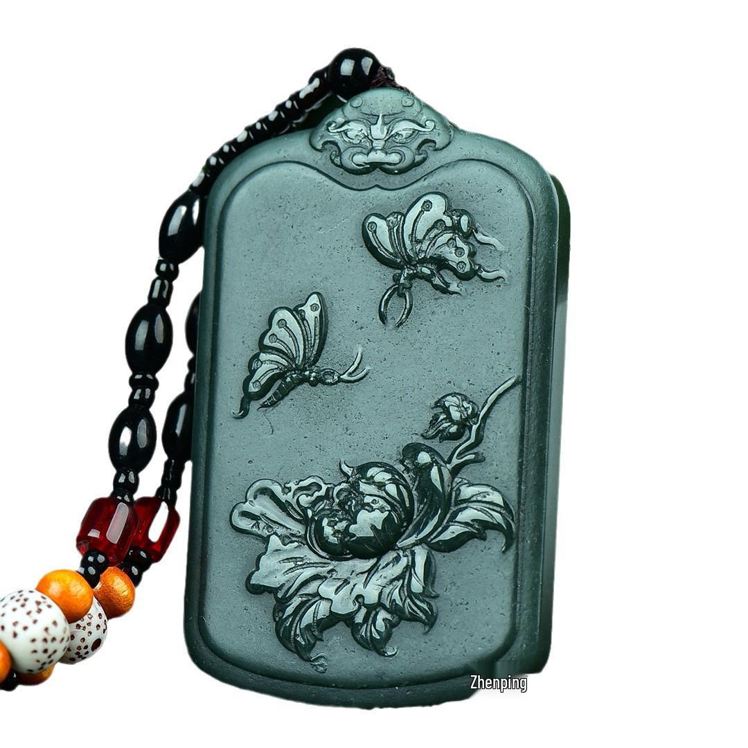 

Natural Hetian Jade Celadon Peony Necklace Pendant for Men and Women