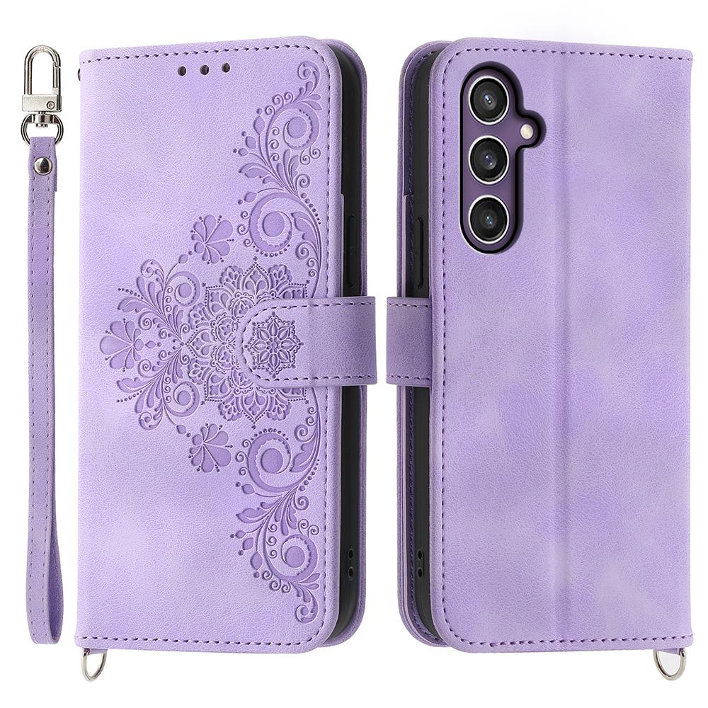 For Samsung Galaxy S25 Case Flower Pattern PU Leather Wallet Phone Cover with Strap