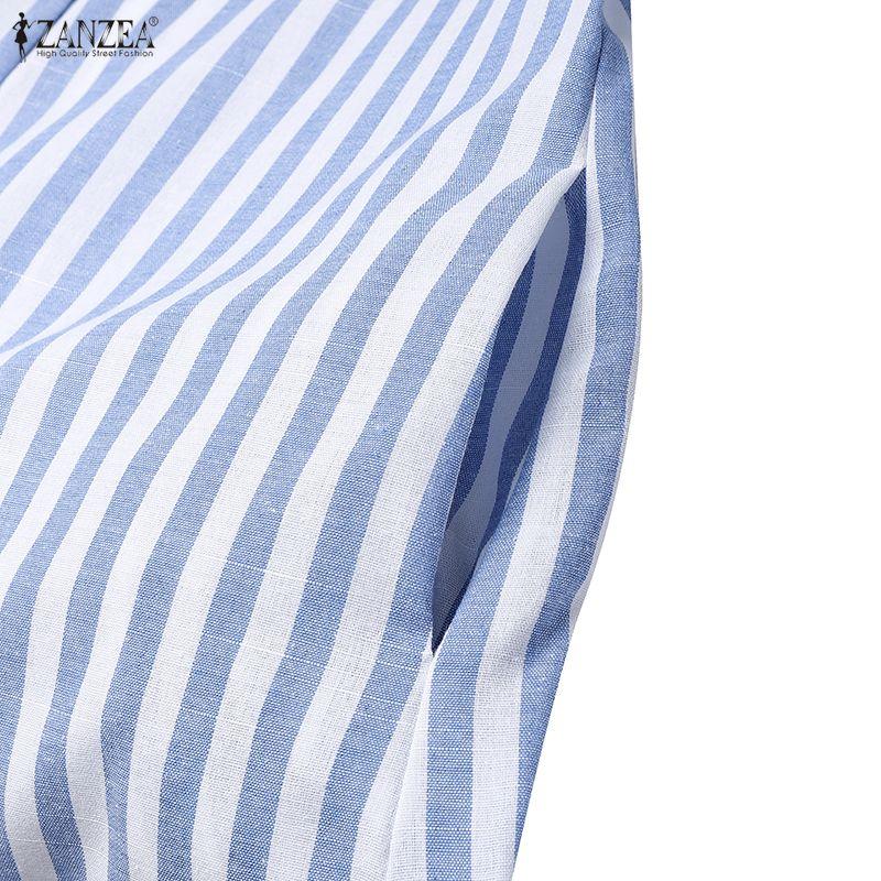 ZANZEA Damen Umlegekragen Lässig Langarm Streifen Hemdkleid